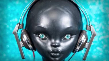Retro kulaklıkları değişen bir mankenin stop motion videosu.