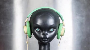 Retro kulaklıkları değişen bir mankenin stop motion videosu.
