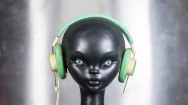 Retro kulaklıkları değişen bir mankenin stop motion videosu.