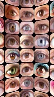 Farklı insanlardan, dikey olarak televizyon ekranı desenine dönüştürülmüş bir göz değişimi dizisi