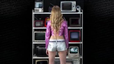 Arızalı televizyon ekranlarından oluşan duvarı arkadan izleyen bir kadın. 