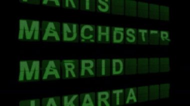 Havalimanı varış panosunda farklı şehir isimleri ekranda