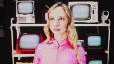 Arkasında televizyon ekranlarından oluşan bir duvarla çevreye bakan kadın ağır bir arızayla kaplanmış.