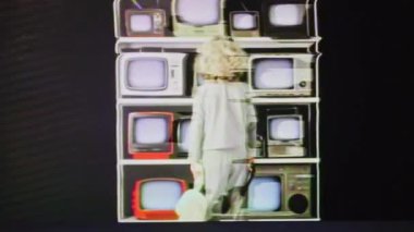 Genç kız ekranlarda bozuk ve çarpık bir televizyon bankasını izliyor.