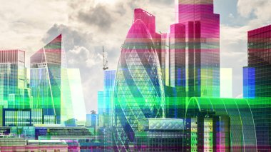 Üzerinde bilgisayar kodu ve verisi olan Londra silueti