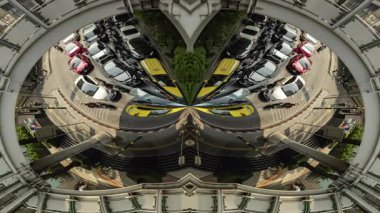 BANGKOK, THAILAND - 13 Mart 2025: Bangkok 'un merkezindeki yoğun bir kavşakta trafiğin zamanlaması soyut küçük gezegen desenine dönüştü