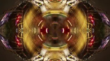 BANGKOK, THAILAND - 13 Mart 2025: Bangkok 'un merkezinde yoğun bir kavşakta trafiğin zamanlaması geceleyin soyut küçük gezegen desenine dönüştürülüyor