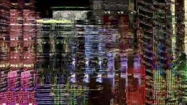 Gece soyut neon desenler oluştururken farklı Asya şehirleri için gökdelenlerin kolajı