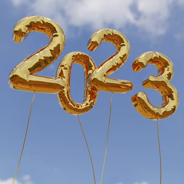 2023 Guld Ballonger Med Blå Himmel Bakgrund — Stockfoto
