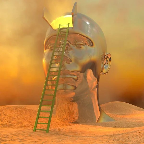 Concept head in desert with open mind and ladder