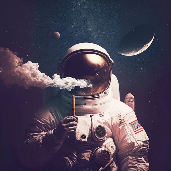 Spaceman Röker Cigarr Med Jord Bakgrunden — Stockfoto
