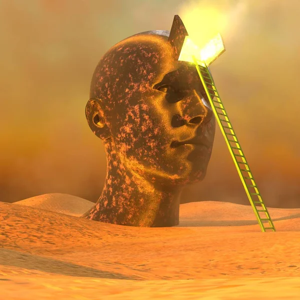 Concept head in desert with open mind and ladder