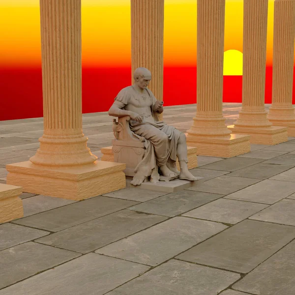 日落时分有雕像的希腊柱子 — 图库照片