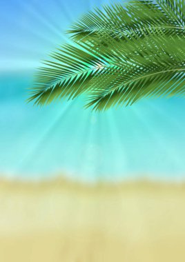 Yayılmış sahil manzarasının üzerindeki palmiye yaprakları