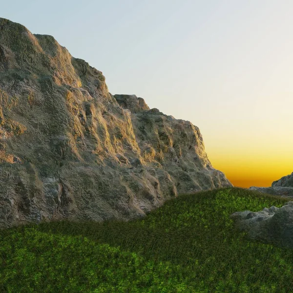 Лицо Скалы Зеленой Травой Долины — стоковое фото