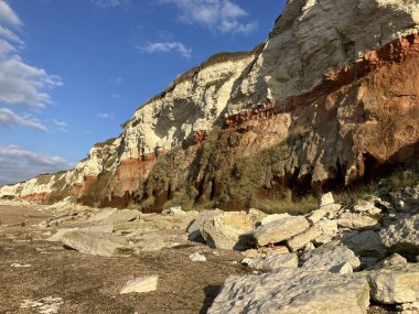 Büyük bir uçurumla kayalık bir sahilin güzel bir görüntüsü.