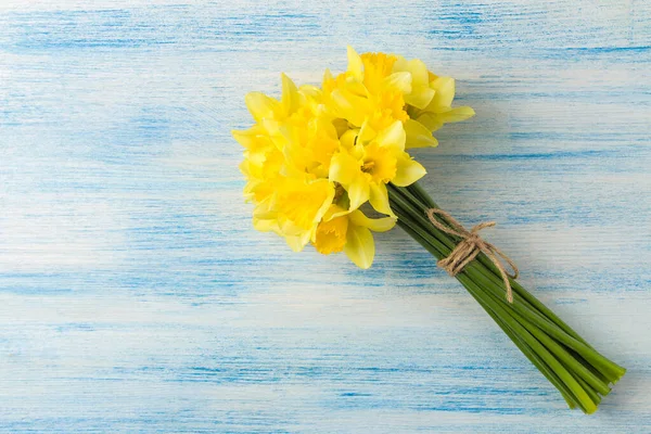 Bouquet Daffodils Spring Flowers Blue Background Top View Stock Image