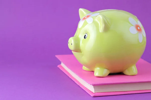 green pig piggy bank stands on books on a purple background, concept of saving money, saving for education