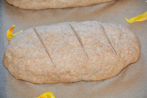 Syrový Bochník Celozrnného Chleba Připraveného Pečení — Stock fotografie