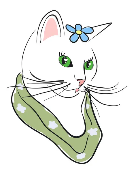 White Cat Image Spring Green Scarf Blue Flower Vector Illustration — Stock Vector
