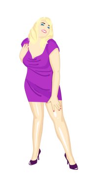 Yüksek topuklu mor elbiseli seksi tombul kadın, vektör çizimi.