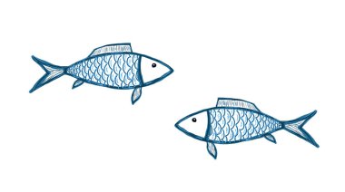 Beyaz arka planda iki mavi balık, illüstrasyon