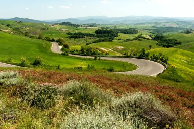 İlkbaharda tepeleri ve yolu olan vadi manzarası, Toskana. İtalya