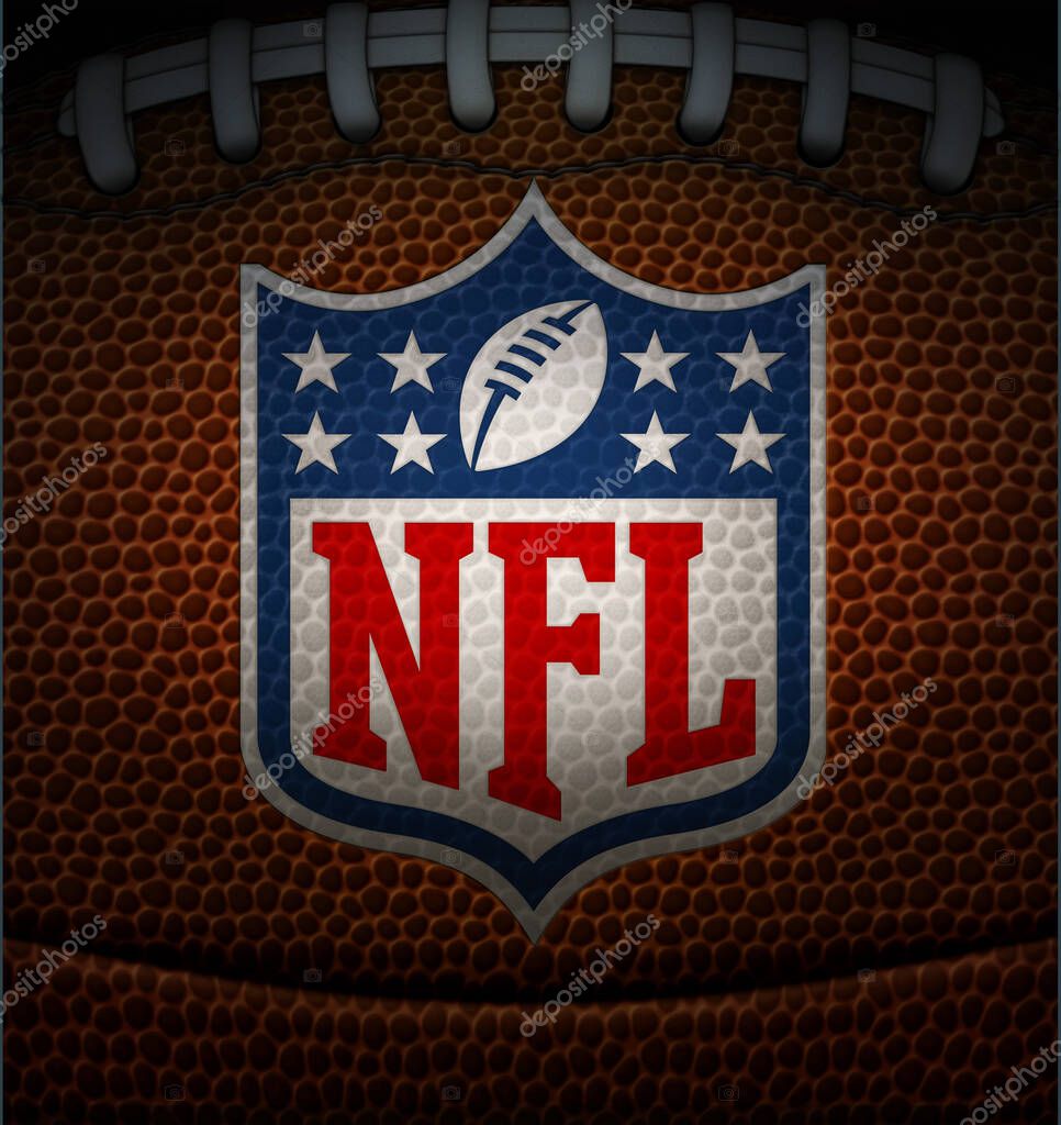 An american football cropped to focus on the NFL logo.