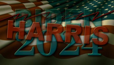 Biden 2024, Biden 'ın çizildiği ve Harris' in ABD bayrağının arka planında yazılı olduğu kelimeler. 3B Resim Oranı