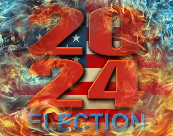 stock image Election and the year 2024 engulfed in fire, with a background of the United States Flag Stars and Stripes.