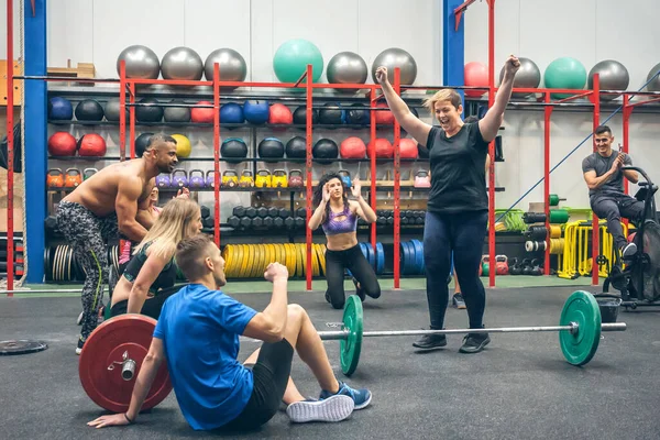 Happy Proud Woman Celebrating Her Lifting Weights Achievement While Her — Stock Photo, Image