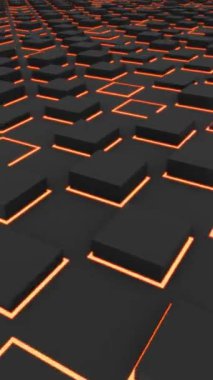 Sonsuz yüzeyde hareketli neon turuncu ışık sınırı olan siyah karelerin dikey fütüristik arka plan animasyonu. Sonsuz döngü 3B oluşturucu.