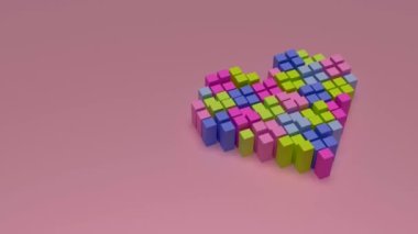Animation of geometric heart divided in pixel blocks on soft pastel colors going up and down over pink background with copy space. Endless loop 3D render.