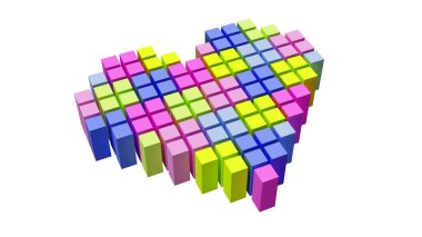 Geometric heart divided in pixel blocks on pastel colors over white background. 3D render composition.