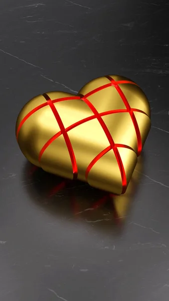 Golden heart composed by geometric pieces and luminous red light coming out from their indoor through the holes over a black marble background. 3D render composition.