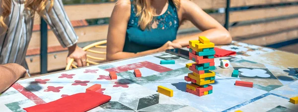 Jenga Tower Tile Table Unrecognizable People Playing Game Rooftop Summer — Stock Photo, Image