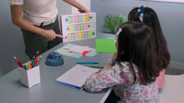 수없는 교사가 라이트 박스를 사용하여 텍스트를 줄이고 재사용하고 재활용하여 교실에서 — 비디오