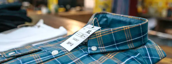 産業スタイルの店の青い平らなシャツの上の価格そしてサイズのラベルの細部 ヴィンテージ服店で販売する準備ができているカウンター上の整理されたアパレルスタックのバナー — ストック写真