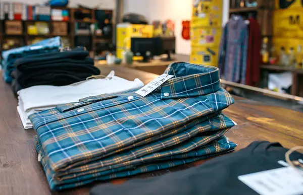 ヴィンテージの服店のカウンターの上にオーガナイズされた青い平らなシャツスタック ラベルと価格の新しい服は 工業的なスタイルで店舗で販売する準備ができています アパレル小規模ビジネスコンセプト — ストック写真