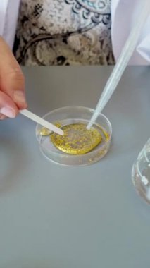 Tanımlanamayan kadın bilim adamı elleri çevresel araştırma laboratuvarında altın parıltı örneğiyle petri kabından sıvı döküyor. Avrupa Birliği 'nin mikroplastik kullanımını yasaklama kavramı.