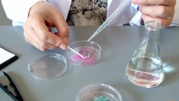 認識できない女性科学者は 環境研究室のペトリ皿の上のピンクの輝くサンプルにピペットから液体を注ぐ手 化粧品組成に関するマイクロプラスチックを研究する女性化学者 — ストック動画