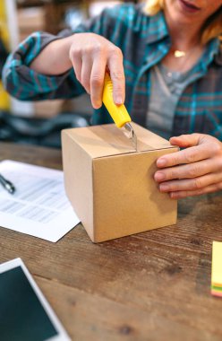 Cutter 'ı olan tanınmayan bir kadın kurye tarafından sipariş edilmiş ve internetten satılacak mallarla birlikte. Genç bir bayan, mağazasında karton kutu açıyor. Paket teslimatı ve ekommerce kavramı.