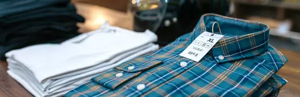 Zbliżenie Etykiety Ceną Rozmiarem Niebieskiej Koszuli Kratę Sklep Stylu Przemysłowym Obrazek Stockowy