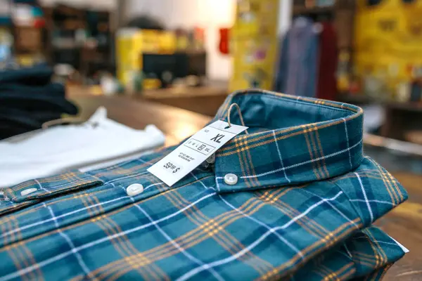 Detail Label Price Size Blue Plaid Shirt Industrial Style Store Stock Photo
