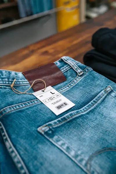 Gros Plan Étiquette Avec Prix Taille Sur Pantalon Jeans Bleu Images De Stock Libres De Droits