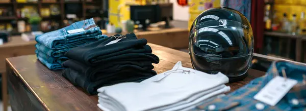 Чорний Шолом Мотоцикла Нова Колекція Одягу Над Лічильником Старовинному Магазині Ліцензійні Стокові Фото