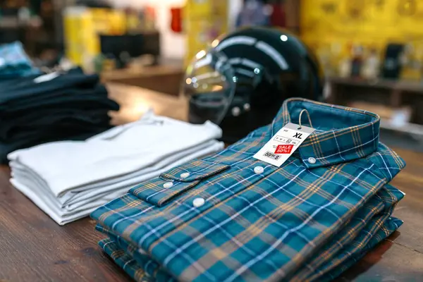 Detail Label Promotion Price Blue Plaid Shirt Shop Industrial Style Royalty Free Stock Photos
