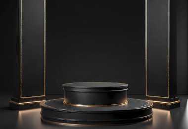 Siyah arka planda siyah kaidesi olan boş siyah podyum. 3 Boyutlu Hazırlama
