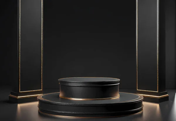 Siyah arka planda siyah kaidesi olan boş siyah podyum. 3 Boyutlu Hazırlama