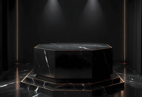 3 boyutlu görüntüleme. Siyah zemin üzerinde mermer podyumu olan podyum.